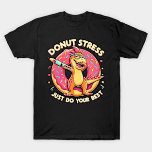 Rex Dinosaur Donut Stress Best Teacher Test day T-Shirt